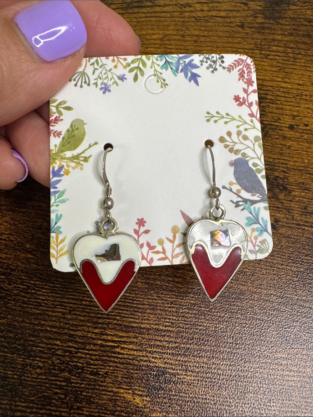 Hand Crafted Red and White Heart Drop Earrings Alpaca Mexico